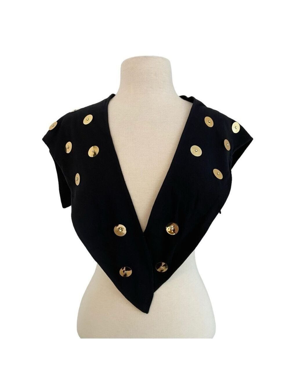 Vintage Don Kline black & gold rhinestone disco studded collar  shawl V neckline